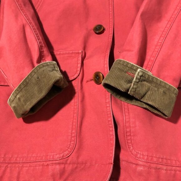 LL Bean womens red canvas chore jacket barn coat sz M corduroy collar cuffs - Picture 10 of 12